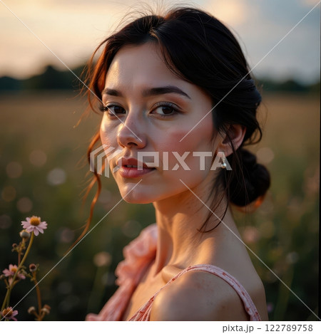 A Young Woman Standing Gracefully in a Vibrant Floral Field at Beautiful Sunset Time 122789758
