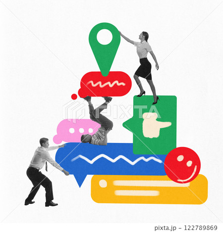 Group of workers stacking digital symbols, including hashtags, profile icons, and messages, illustrating teamwork Group of workers stacking digital symbols, including hashtags, profile icons, and messages, illustrating teamwork 122789869