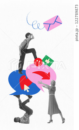 Group balancing oversized chat icons, speech bubbles and messages, illustrating teamwork in online communication 122789873