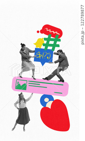 Group of employees balancing digital symbols like hashtags, alerts, and comments, illustrating teamwork Group of employees balancing digital symbols like hashtags, alerts, and comments, illustrating teamwork 122789877