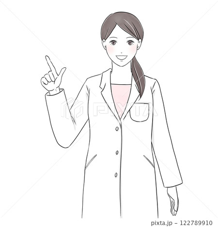 微笑んで指をさす白衣を着た女性イラスト 122789910