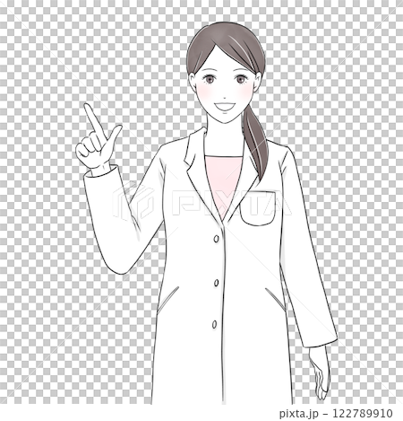 微笑んで指をさす白衣を着た女性イラスト 122789910