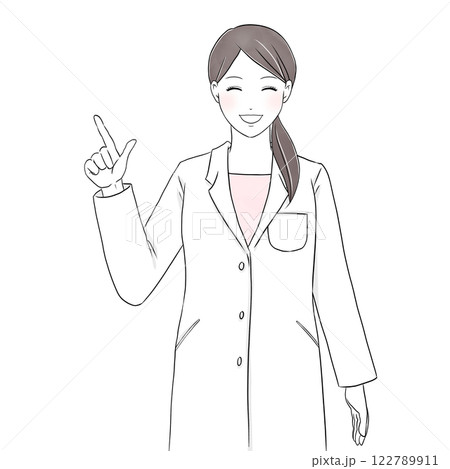 笑顔で指をさす白衣を着た女性イラスト 122789911