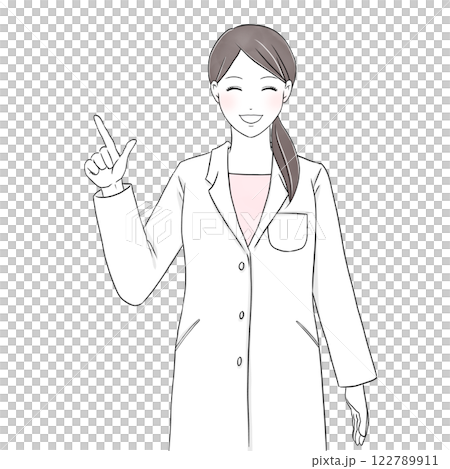 笑顔で指をさす白衣を着た女性イラスト 122789911