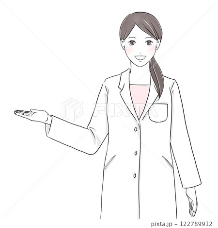 微笑んで案内をする白衣を着た女性イラスト 122789912