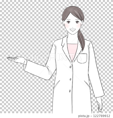 微笑んで案内をする白衣を着た女性イラスト 122789912