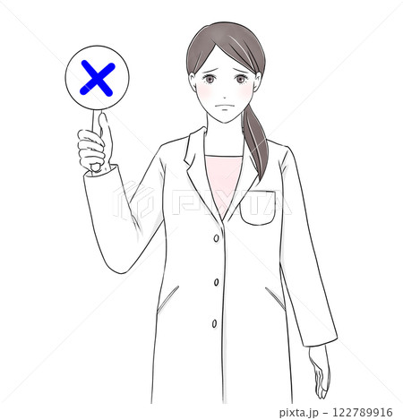 悲しい顔で×のプレートを掲げる白衣を着た女性イラスト 122789916