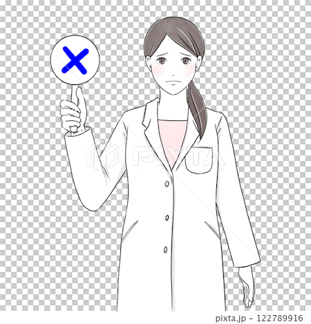 悲しい顔で×のプレートを掲げる白衣を着た女性イラスト 122789916