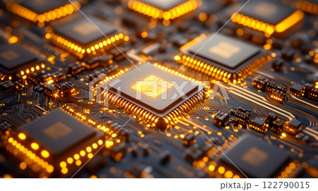 illuminated microchip surrounded by glowing circuitry, showcasing advanced technology and intricate electronic connections for computing innovation 122790015