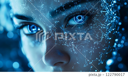 close-up of a woman's eye with glowing blue digital patterns, representing futuristic technology and innovation 122790017
