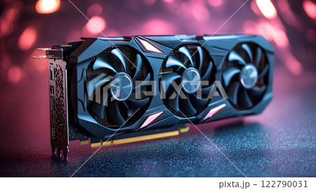 high-performance graphics card with triple cooling fans, sleek black design, and modern LED accents on a blurred pink and purple background, gaming hardware close-up high-performance graphics card with triple cooling fans, sleek black design, and modern LED accents on a blurred pink and purple background, gaming hardware close-up 122790031