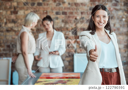 Business woman thumbs up for motivation, success and thank you agreement and praise. Portrait of happy, smile and excited winner, job worker and like emoji review for goal, yes vote and trust support 122790391