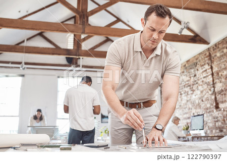 Architect man, engineer or blueprint writing designer planning building architecture on paper. Property construction worker, creative employee or industrial realtor with real estate innovation vision 122790397