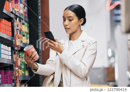 Supermarket, customer and price check on smartphone to compare product cost on ecommerce app. Grocery shop inflation and increase in spending money with essential lifestyle consumables. Supermarket, customer and price check on smartphone to compare product cost on ecommerce app. Grocery shop inflation and increase in spending money with essential lifestyle consumables. 122790414