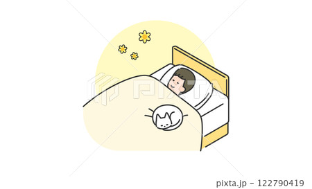 睡眠：猫と一緒にベッドで眠る男性 122790419