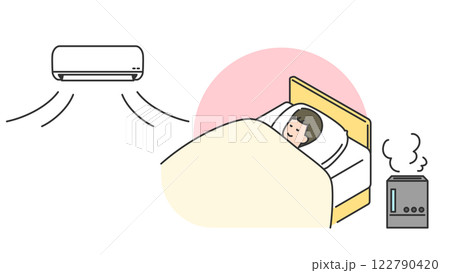 睡眠：加湿・空調付きでベッドで眠る男性 122790420