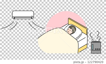 睡眠：加湿・空調付きでベッドで眠る男性 122790420