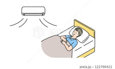 睡眠:空調付きでベッドで眠る男性 睡眠:空調付きでベッドで眠る男性 122790421
