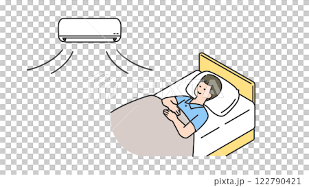 睡眠:空調付きでベッドで眠る男性 睡眠:空調付きでベッドで眠る男性 122790421