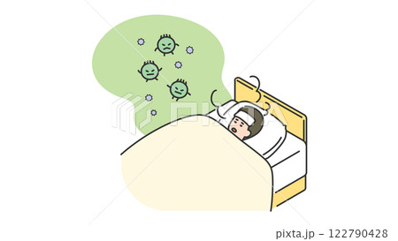 睡眠:病気で発熱して寝込む男性 睡眠:病気で発熱して寝込む男性 122790428