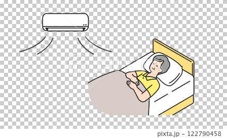 睡眠：空調付きでベッドで眠るシニア男性 122790458