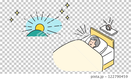 睡眠：朝、ベッドで目覚めるシニア男性 122790459