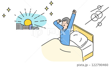 睡眠：朝、ベッドで目覚めるシニア男性 122790460