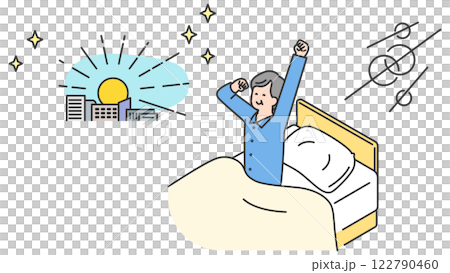 睡眠：朝、ベッドで目覚めるシニア男性 122790460