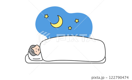 睡眠：布団で横になって眠るシニア男性 122790474