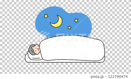 睡眠：布団で横になって眠るシニア男性 122790474