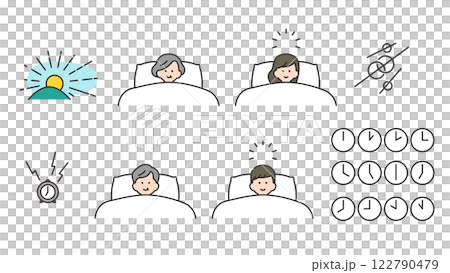 Sleep: Men and women of all ages waking up in bed, set, variations Sleep: Men and women of all ages waking up in bed, set, variations 122790479