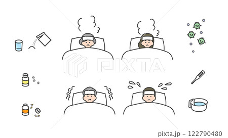 睡眠:病気で寝込む老若男女 セット、バリエーション 睡眠:病気で寝込む老若男女 セット、バリエーション 122790480