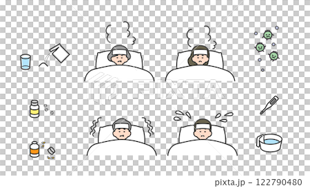 睡眠:病気で寝込む老若男女 セット、バリエーション 睡眠:病気で寝込む老若男女 セット、バリエーション 122790480