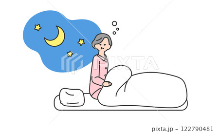 睡眠:夜中に目が覚めるシニア女性 睡眠:夜中に目が覚めるシニア女性 122790481