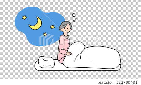睡眠:夜中に目が覚めるシニア女性 睡眠:夜中に目が覚めるシニア女性 122790481
