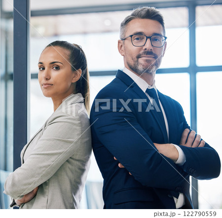 Partnership, arms crossed and teamwork with two business people standing together in corporate office building. Success, motivation and vision with employees in innovation or management company Partnership, arms crossed and teamwork with two business people standing together in corporate office building. Success, motivation and vision with employees in innovation or management company 122790559