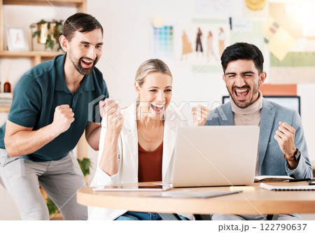 Winner, laptop and team with excited fist for successful news on career deal or business reward. Motivation, happiness and celebration about job update with corporate workers in the office. Winner, laptop and team with excited fist for successful news on career deal or business reward. Motivation, happiness and celebration about job update with corporate workers in the office. 122790637