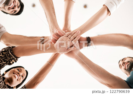 Teamwork, support and hands of business people in motivation, vision and innovation team building. Networking, collaboration and diversity with employees in goals, strategy and success meeting 122790639