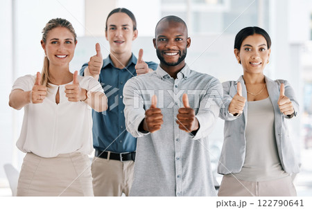 Diversity, team and thumbs up of business people in teamwork agreement for success at the office. Group of diverse employee workers together in collaboration in agree, yes or thank you hand gestures Diversity, team and thumbs up of business people in teamwork agreement for success at the office. Group of diverse employee workers together in collaboration in agree, yes or thank you hand gestures 122790641