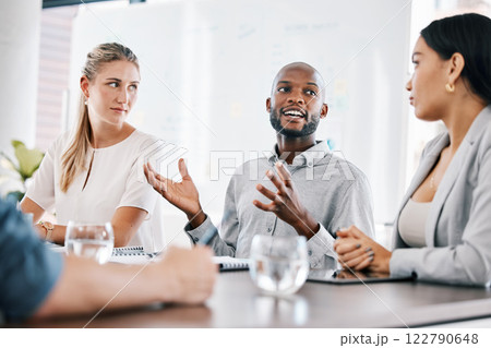 Leadership, business meeting and goals with employees listening to colleague in planning, strategy and conference. Support, motivation and project management with business people in office building Leadership, business meeting and goals with employees listening to colleague in planning, strategy and conference. Support, motivation and project management with business people in office building 122790648
