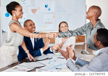 Partnership handshake, b2b client contract success or deal of business diversity and office team. Thank you, welcome or agreement gesture of happy corporate staff clapping at crm teamwork support Partnership handshake, b2b client contract success or deal of business diversity and office team. Thank you, welcome or agreement gesture of happy corporate staff clapping at crm teamwork support 122790745