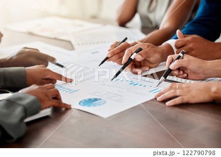 Teamwork, collaboration and team hands writing and working on financial data, chart and graph. Finance, ecommerce and tax audit workers project planning on logistics notes and an accounting analytics 122790798