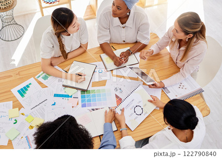 Creative team planning a project with digital tablet and paperwork in corporate office. Top view of professional employees writing notes and analyzing documents with graphs, charts and color wheels. 122790840