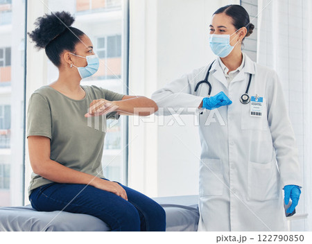 Doctor, covid and greeting medical healthcare expert with patient in safe elbow with masks in a hospital. Happy women following safety social distance rules to prevent the spread of virus at clinic Doctor, covid and greeting medical healthcare expert with patient in safe elbow with masks in a hospital. Happy women following safety social distance rules to prevent the spread of virus at clinic 122790850