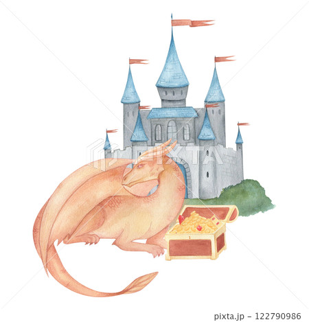 Watercolor illustration of a fantasy dragon in orange and red and pile of treasures wooden antique chest and castle. Medieval illustration isolated. For children's room decor, poster, invitation Watercolor illustration of a fantasy dragon in orange and red and pile of treasures wooden antique chest and castle. Medieval illustration isolated. For children's room decor, poster, invitation 122790986