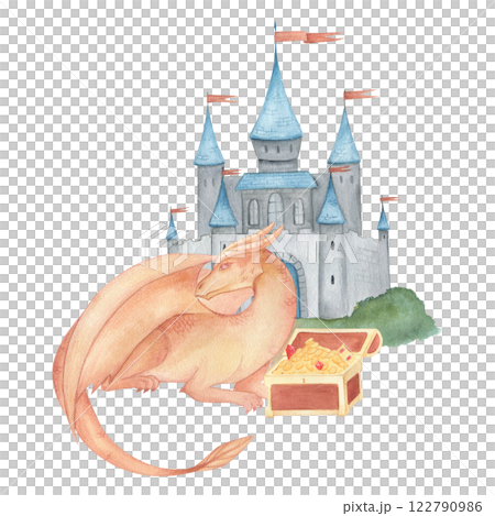 Watercolor illustration of a fantasy dragon in orange and red and pile of treasures wooden antique chest and castle. Medieval illustration isolated. For children's room decor, poster, invitation Watercolor illustration of a fantasy dragon in orange and red and pile of treasures wooden antique chest and castle. Medieval illustration isolated. For children's room decor, poster, invitation 122790986