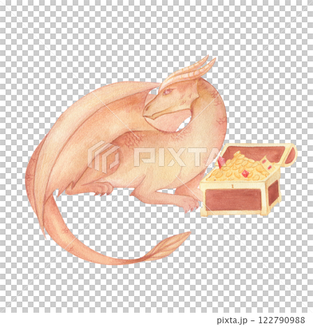 Watercolor illustration of a fantasy dragon in orange and red and pile of treasures wooden antique chest. Medieval illustration isolated. For children's room decor, poster, invitation 122790988