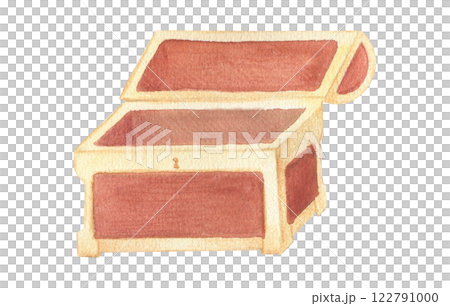 Watercolor illustration of a wooden antique treasure chest. Hand drawn brown and gold chest. Isolated Watercolor illustration of a wooden antique treasure chest. Hand drawn brown and gold chest. Isolated 122791000