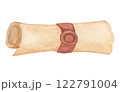 Watercolor illustration of an ancient scroll. Hand drawn sketch of a rolled scroll with red stamp, isolated 122791004