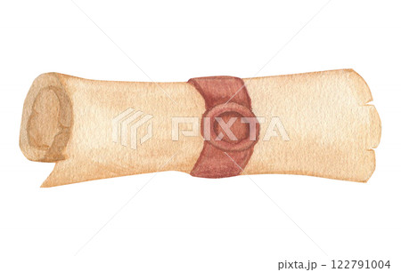 Watercolor illustration of an ancient scroll. Hand drawn sketch of a rolled scroll with red stamp, isolated Watercolor illustration of an ancient scroll. Hand drawn sketch of a rolled scroll with red stamp, isolated 122791004